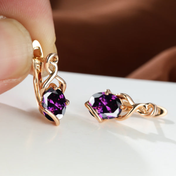 Champagne Gold-Tone Oval Purple Crystal Twisted Vine Huggie Earrings