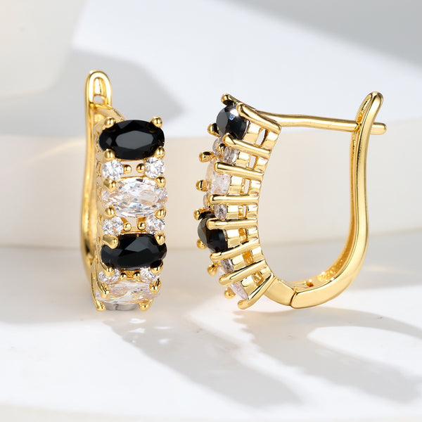 Gold-Tone Black & White Oval Crystal Huggie Hoop Earrings