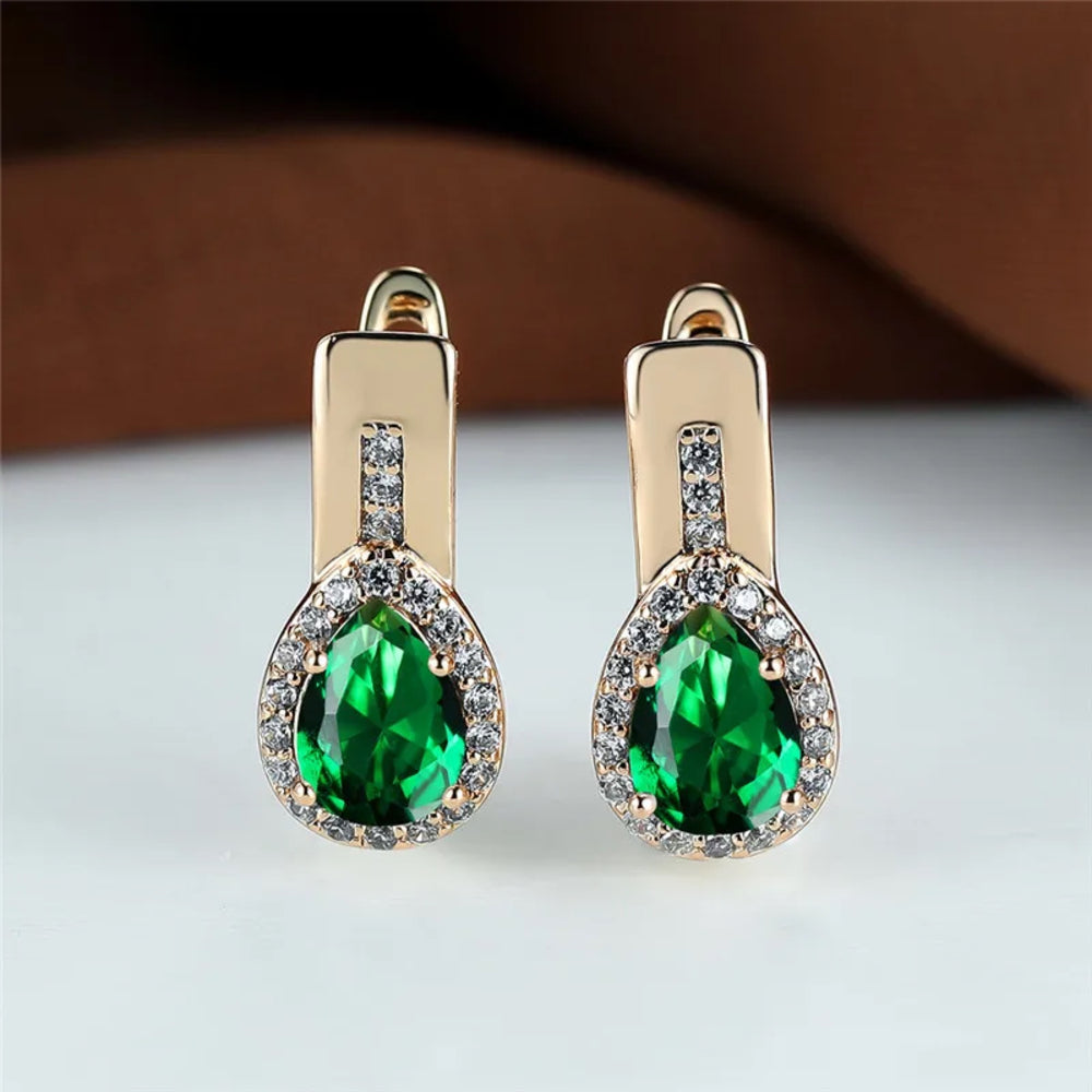 Champagne Gold-Tone Green Square Crystal Teardrop Huggie Earrings