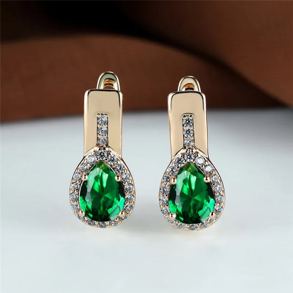 Champagne Gold-Tone Green Square Crystal Teardrop Huggie Earrings