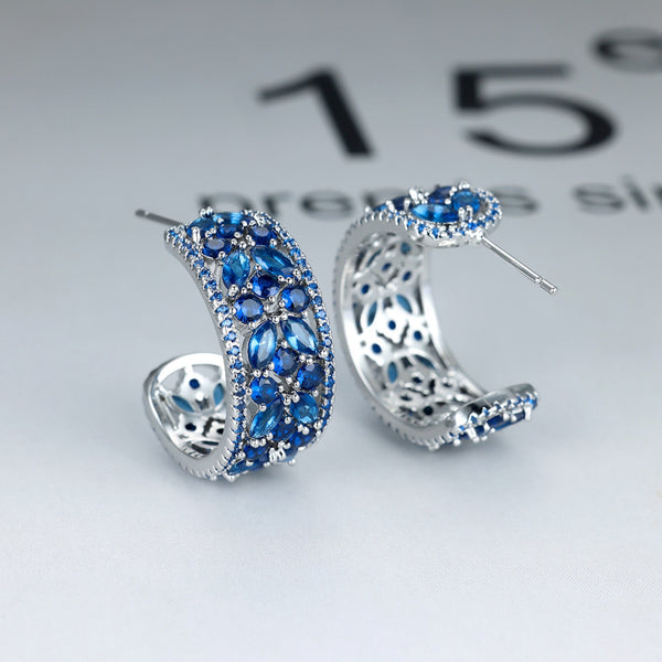 Silver-Tone Blue Crystal Flower Openwork C-Hoop Earrings