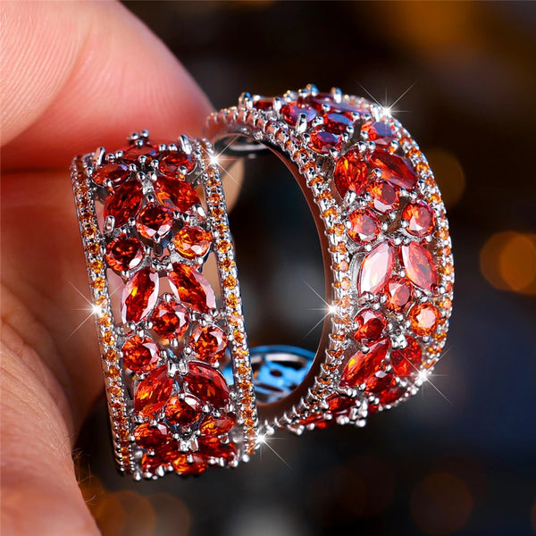 Silver-Tone Openwork Red Crystal Floral Mosaic Wide Hoop Earrings