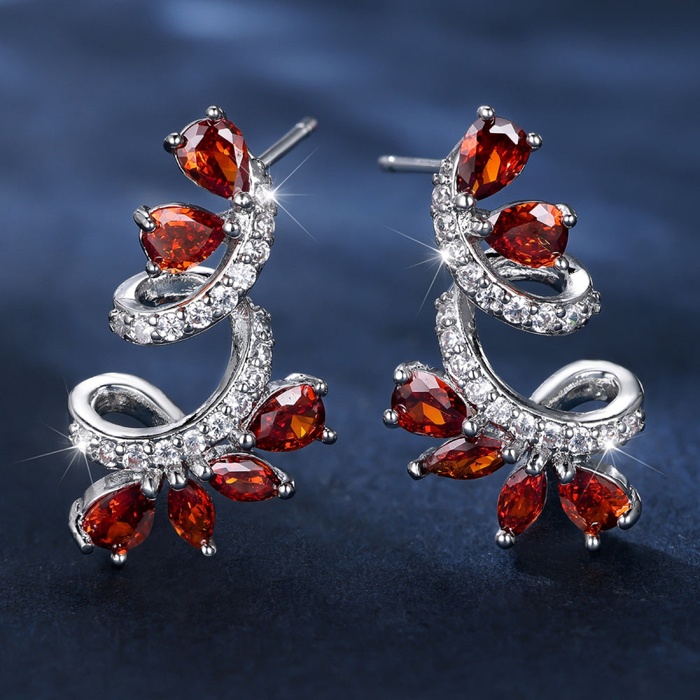 Silver-Tone Red Crystal Flowering Vine Climber Stud Earrings