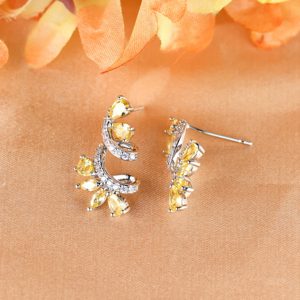 Silver-Tone Yellow Crystal Vine Flower Spiral Stud Earrings