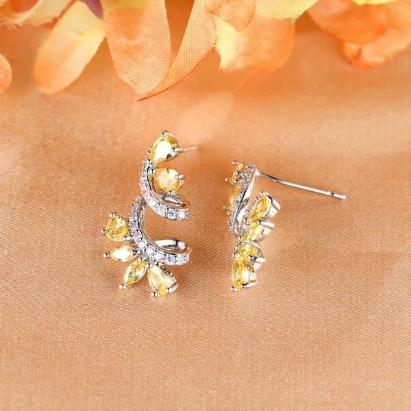 Silver-Tone Yellow Crystal Vine Flower Spiral Stud Earrings
