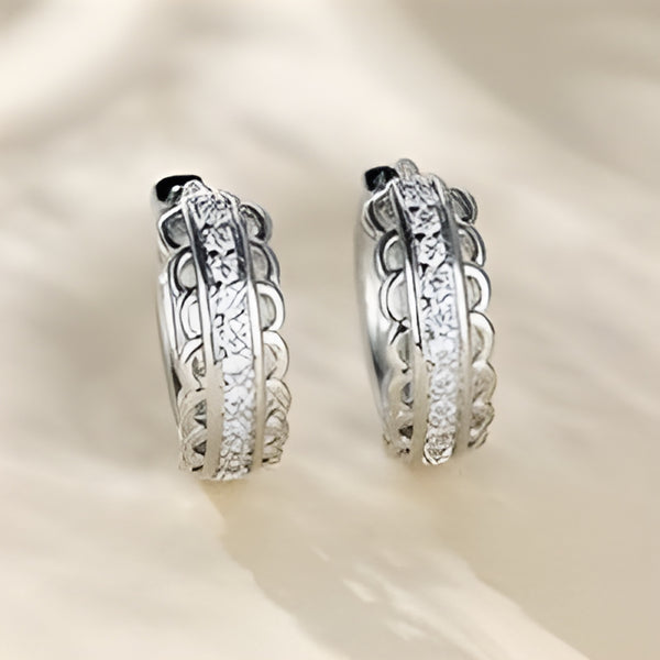 Silver-Tone White Crystal Scalloped Lace-Edge Huggie Hoop Earrings