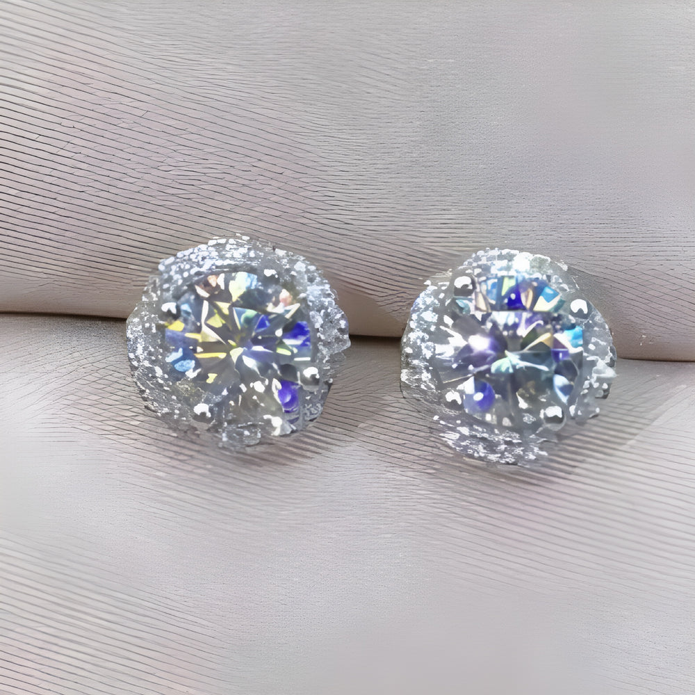 Silver-Tone Round Moissanite Halo Stud Earrings With Crystal Accents