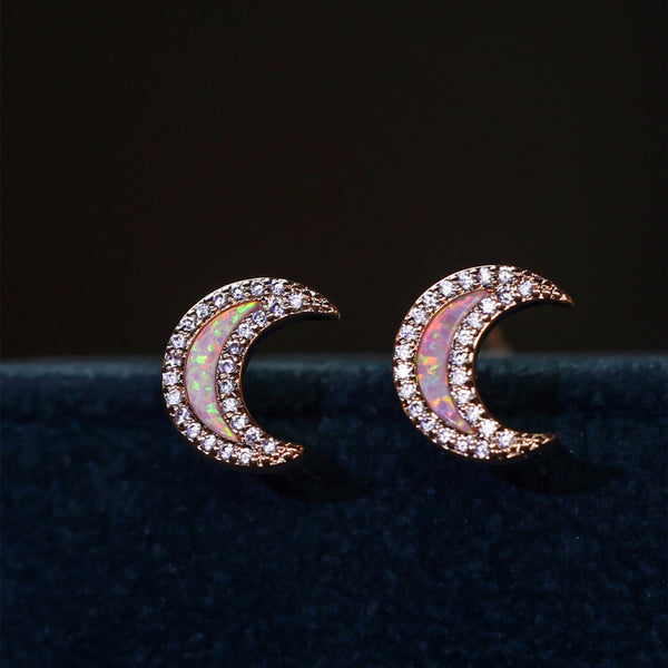 Rose Gold-Tone White Simulated Opal Crescent Moon Stud Earrings