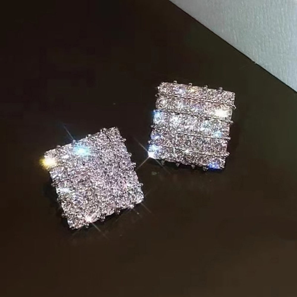 Silver-Tone White Crystal Pave Square Geometric Stud Earrings