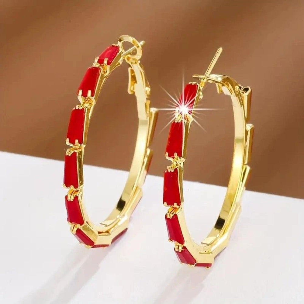 Gold-Tone Red Stone Circle Hoop Earrings
