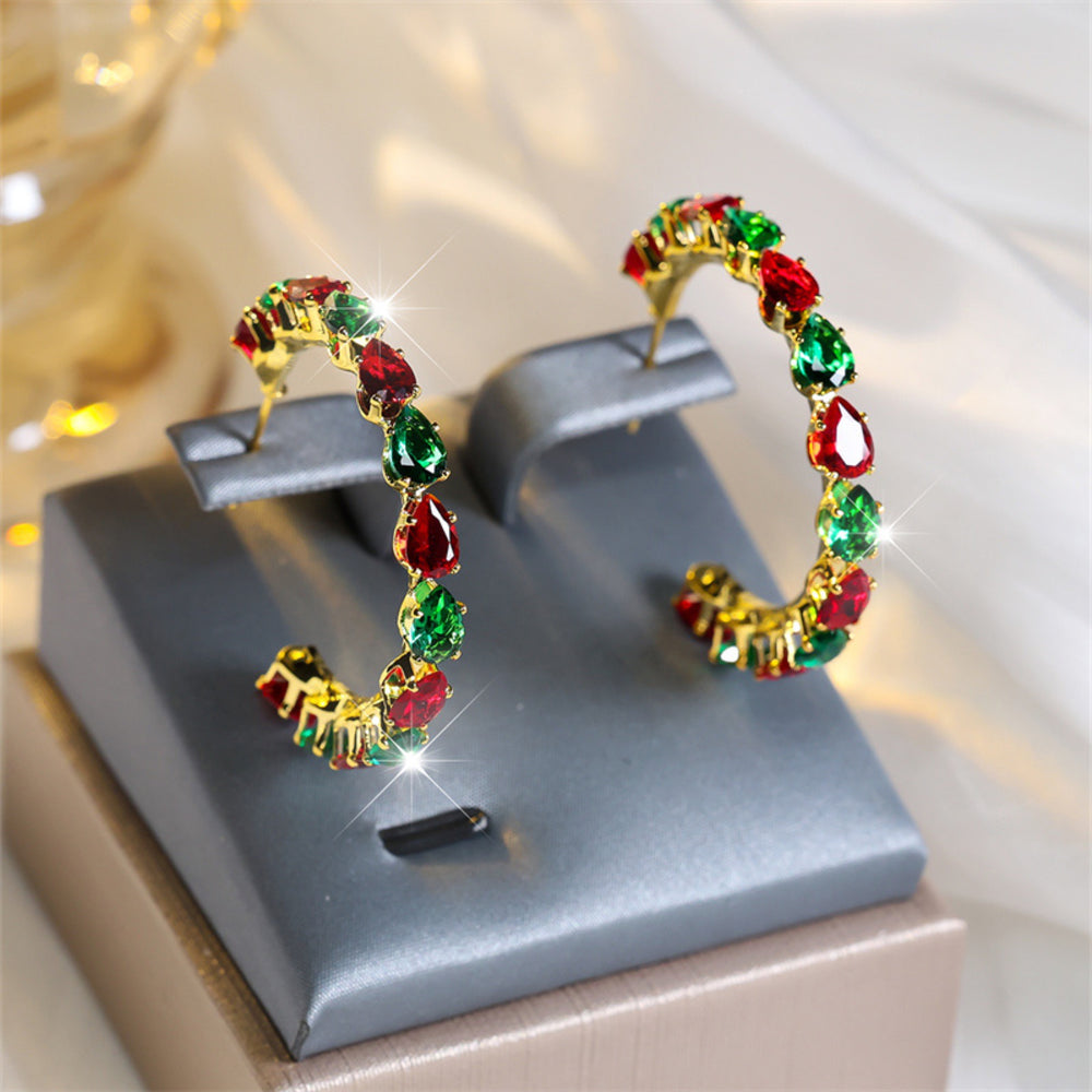 Gold-Tone Red & Green Teardrop CZ Large C-Hoop Earrings