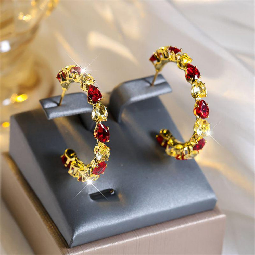 Gold-Tone Red & Yellow Teardrop CZ Large C-Hoop Earrings