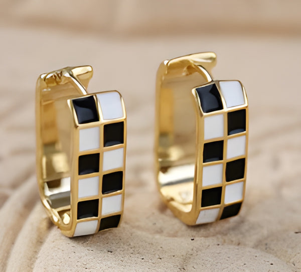 Gold-Tone Black & White Enamel Checkerboard Huggie Hoop Earrings