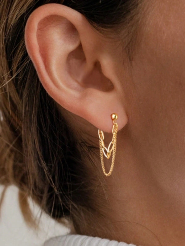 Gold-Tone Stainless Steel Double Chain Front-Back Stud Earrings