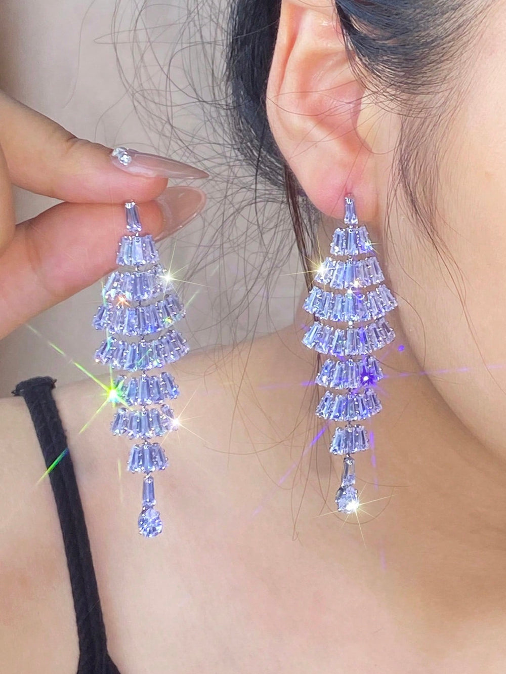 Silver-Tone White Crystal Tiered Christmas Tree Drop Earrings