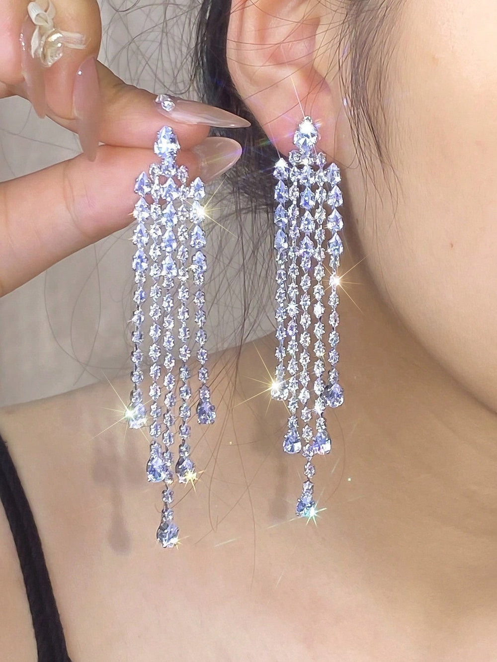 Silver-Tone White Teardrop Crystal Tassel Drop Earrings