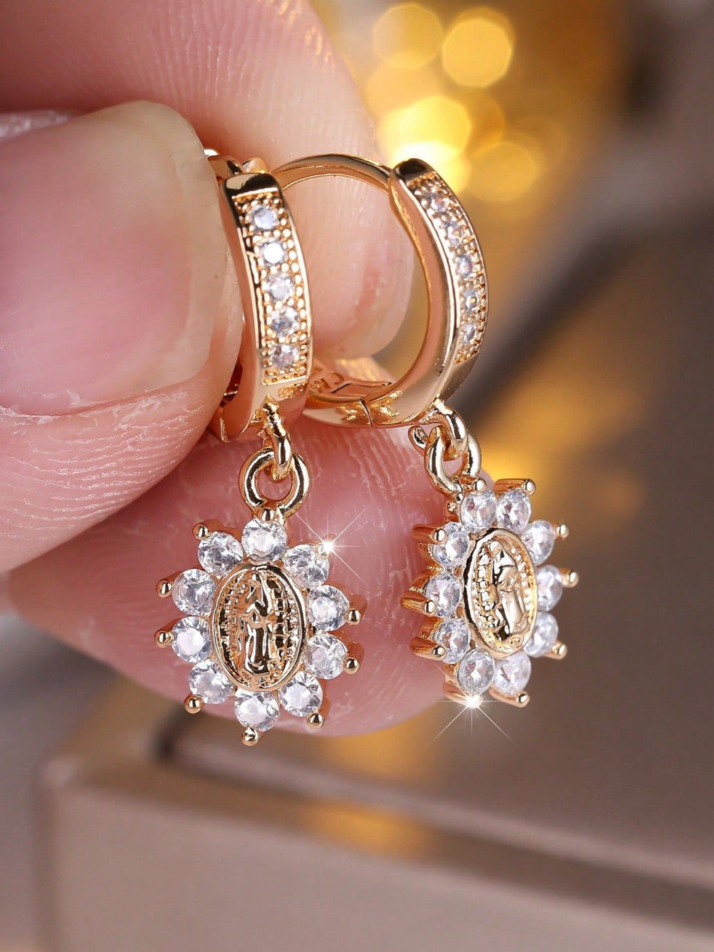 Champagne Gold-Tone Virgin Mary Medallion Crystal Drop Earrings