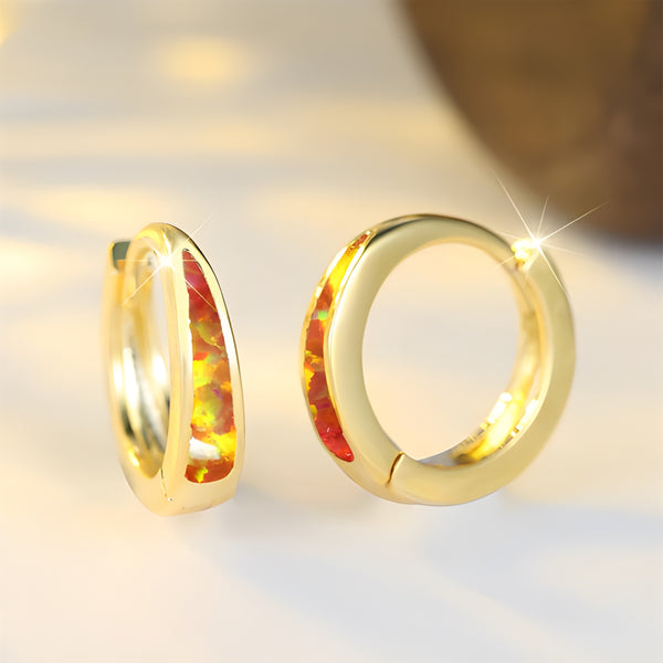 Gold-Tone Orange Simulated Opal Teardrop Inlay Round Hoop Earrings