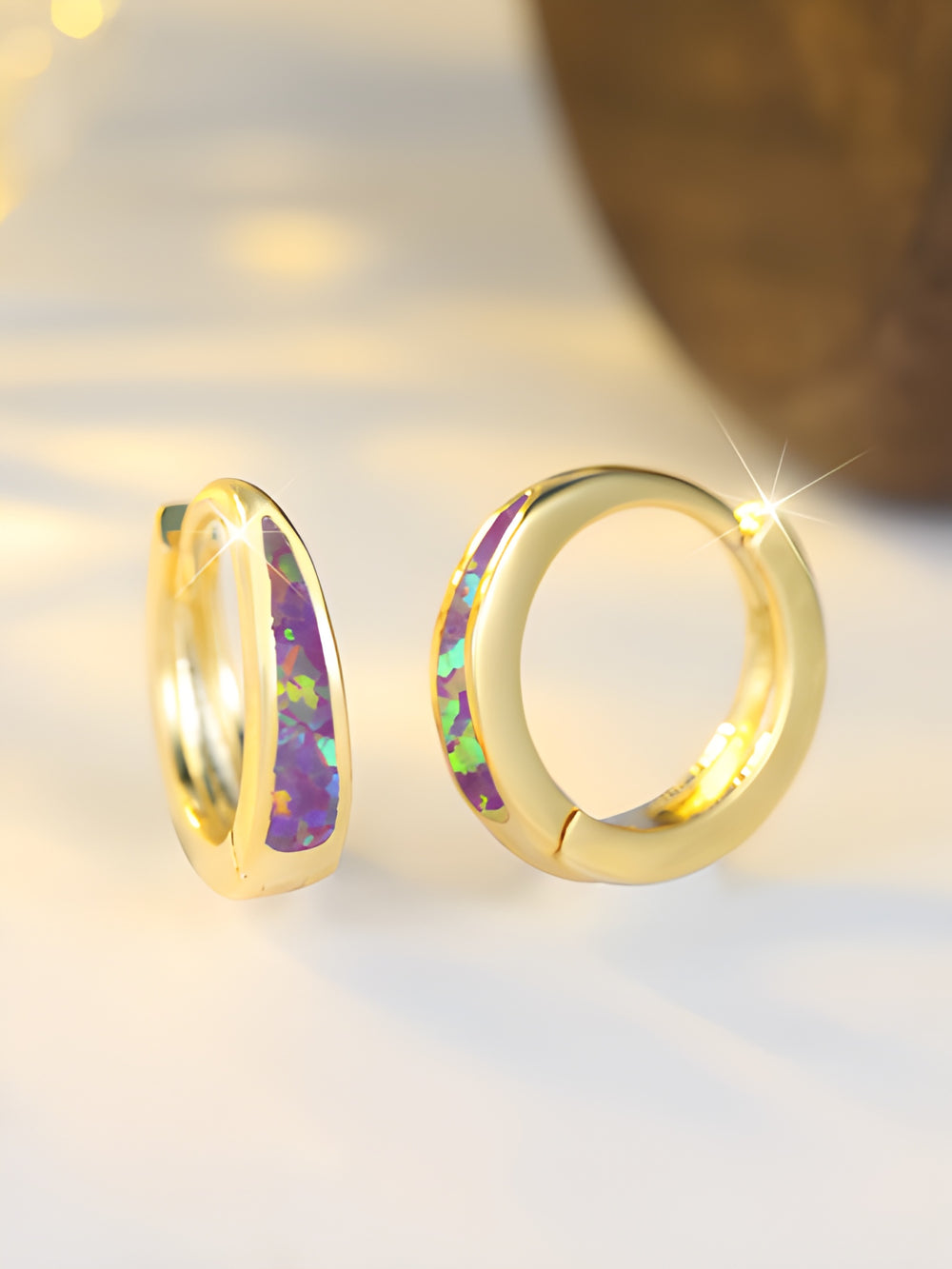Gold-Tone Purple Simulated Opal Teardrop Inlay Round Hoop Earrings