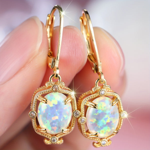 Gold-Tone Oval White Simulated Opal Vintage Frame Drop Earrings