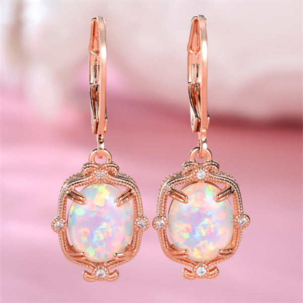 Rose Gold-Tone Oval White Simulated Opal Vintage Frame Drop Earrings