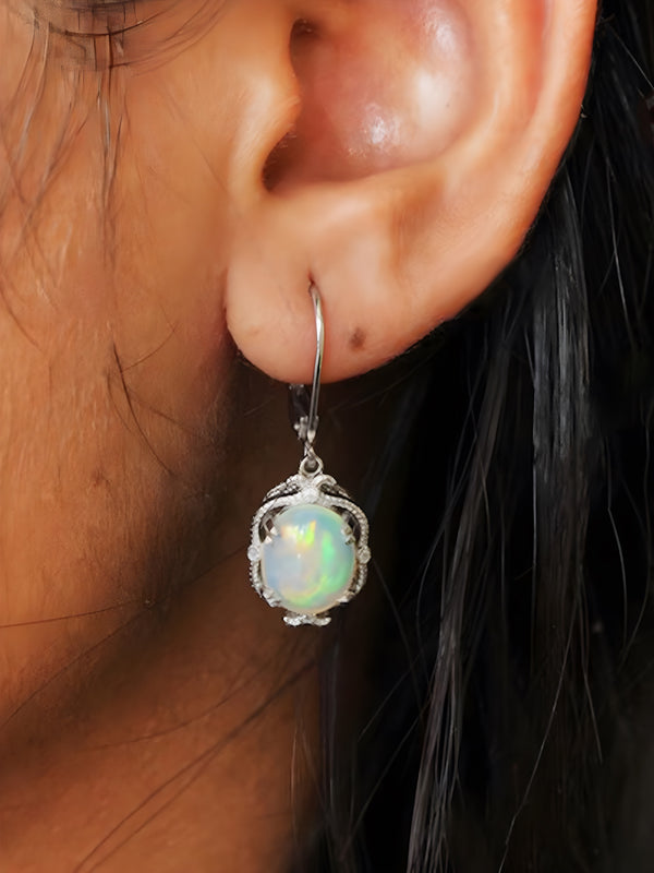 Silver-Tone White Simulated Opal Ornate Petal Frame Drop Earrings