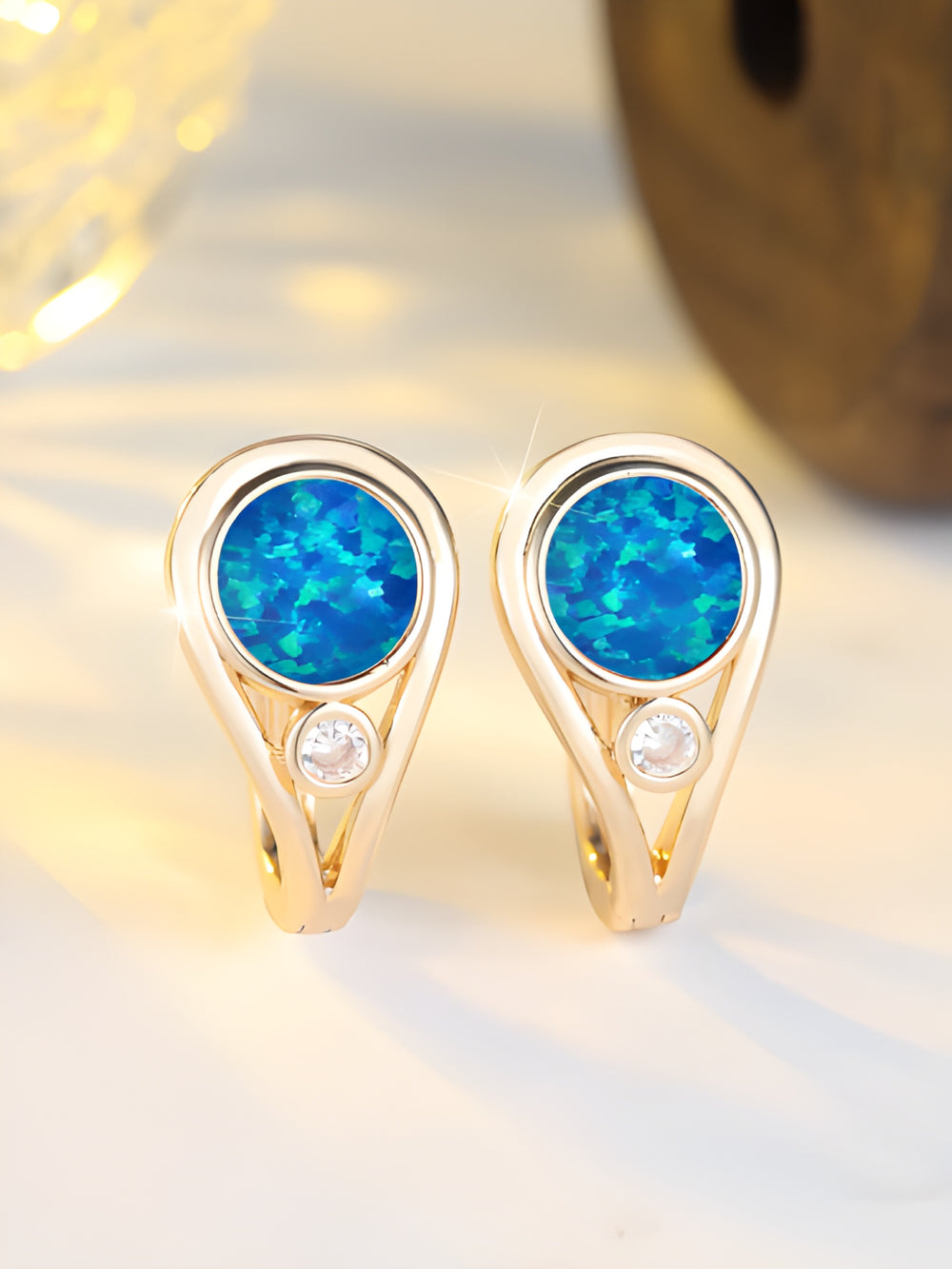 Gold-Tone Round Blue Simulated Opal & Crystal Accent Huggie Earrings