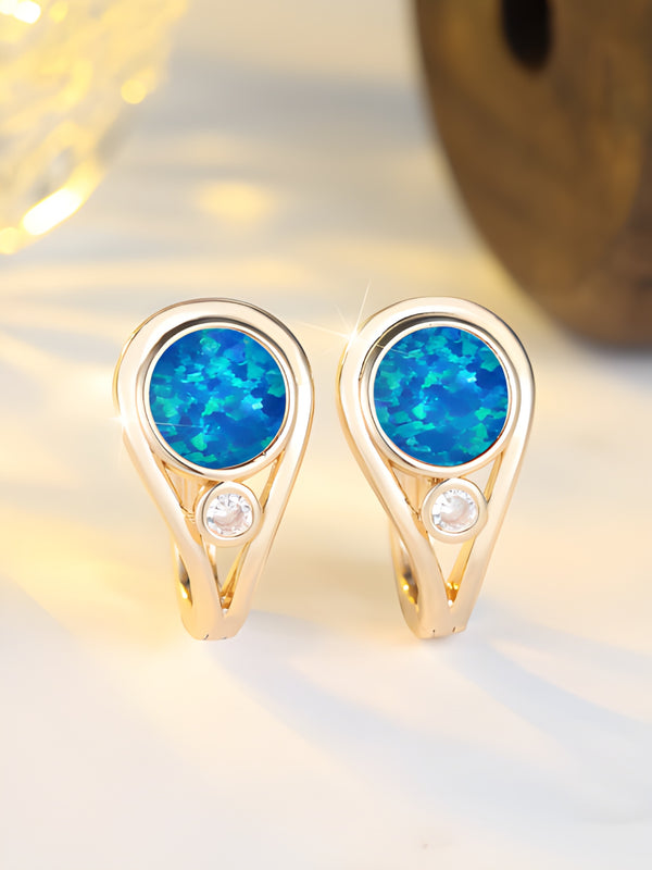 Gold-Tone Round Blue Simulated Opal & Crystal Accent Huggie Earrings