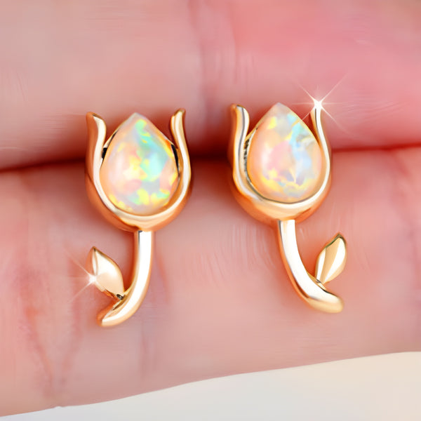 Gold-Tone White Teardrop Simulated Opal Tulip Flower Stud Earrings