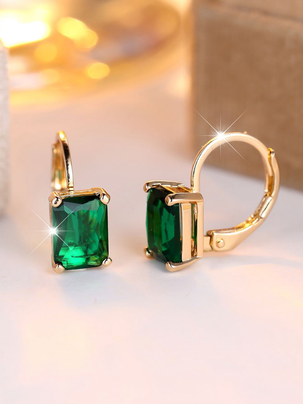 Gold-Tone Emerald Green Rectangle Crystal Huggie Earrings