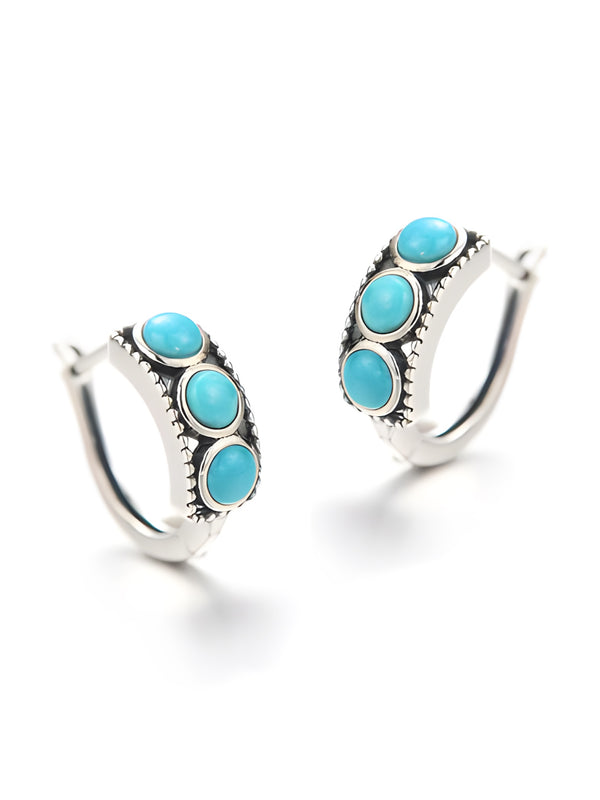 Antiqued Silver-Tone Turquoise-Blue Cabochon Huggie Hoop Earrings