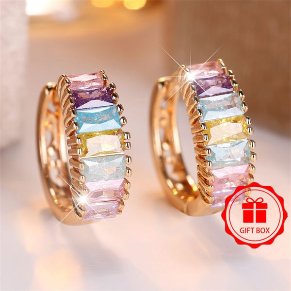 Champagne Gold-Tone Pastel Baguette Crystal Rainbow Huggie Earrings