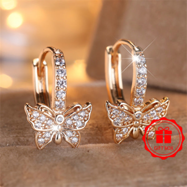 Champagne Gold-Tone White Crystal Butterfly Huggie Earrings
