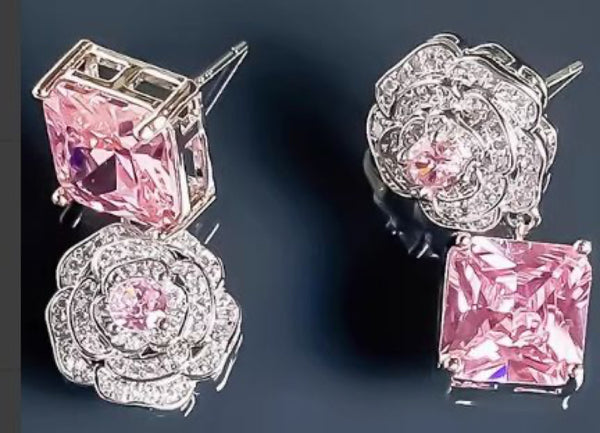 Silver-Tone Pink Square Crystal and Pave Rose Flower Stud Earrings