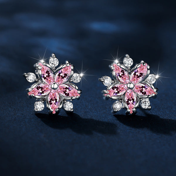 Silver-Tone Pink Crystal Cherry Blossom Stud Earrings