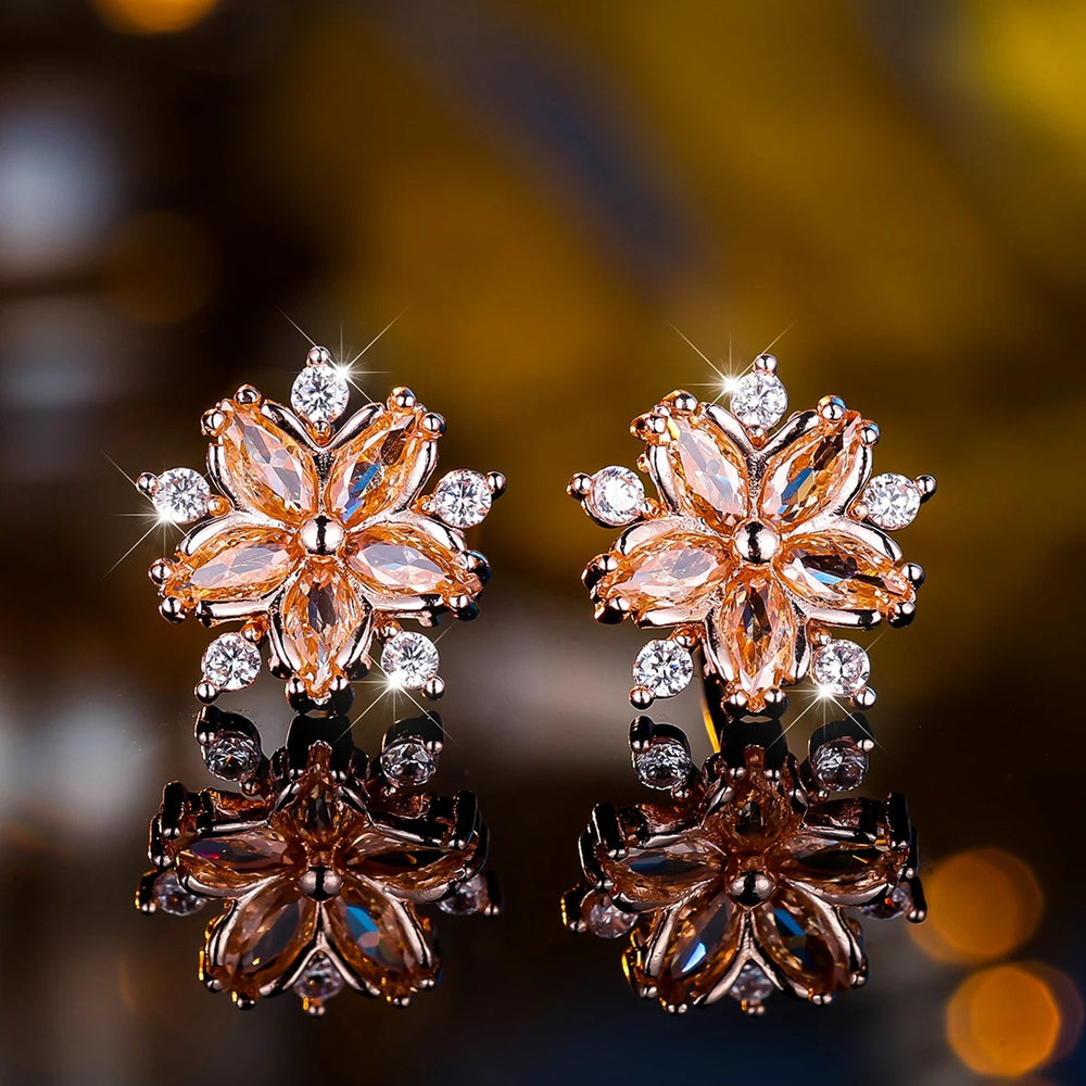 Rose Gold-Tone Champagne Crystal Cherry Blossom Stud Earrings