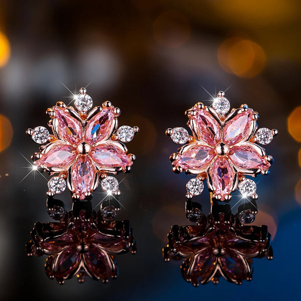 Rose Gold-Tone Pink Crystal Cherry Blossom Stud Earrings