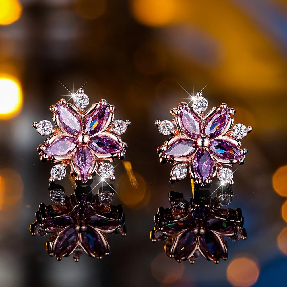 Rose Gold-Tone Purple Crystal Cherry Blossom Stud Earrings