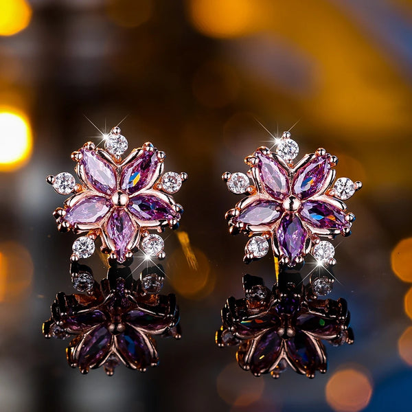 Rose Gold-Tone Purple Crystal Cherry Blossom Stud Earrings