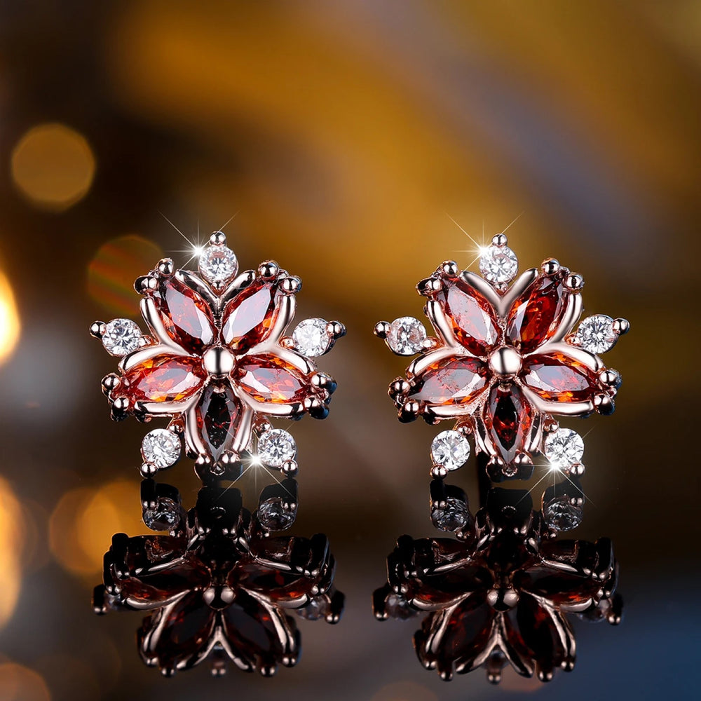 Rose Gold-Tone Garnet-Red Crystal Cherry Blossom Stud Earrings