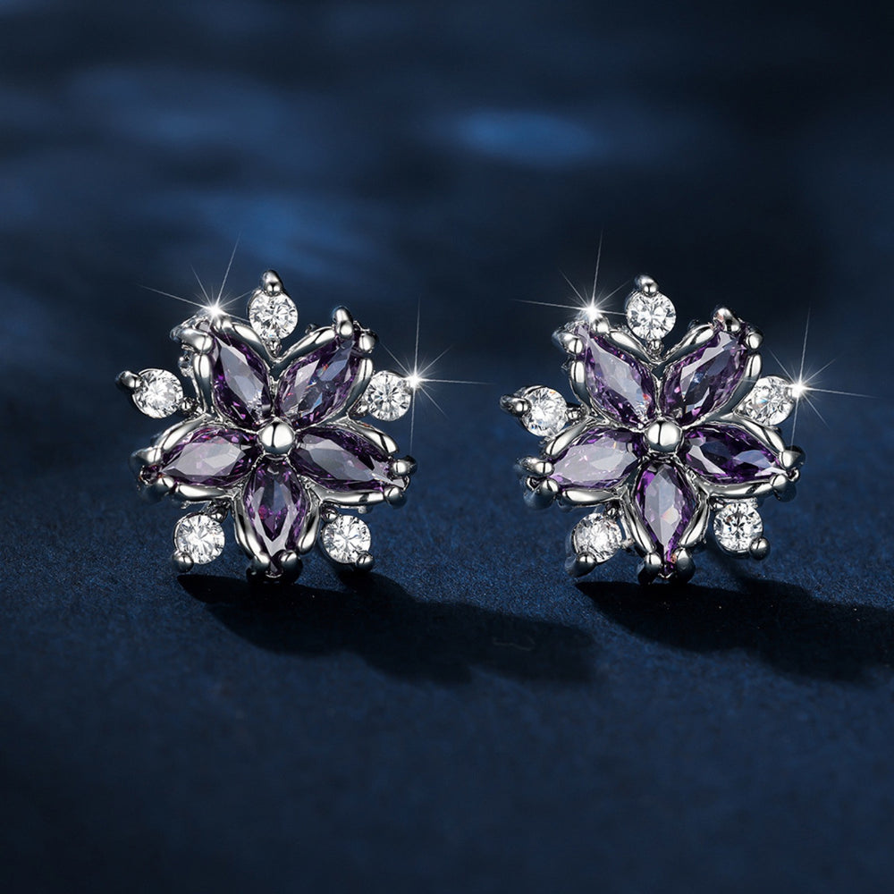 Silver-Tone Purple Crystal Flower Stud Earrings With White Accents