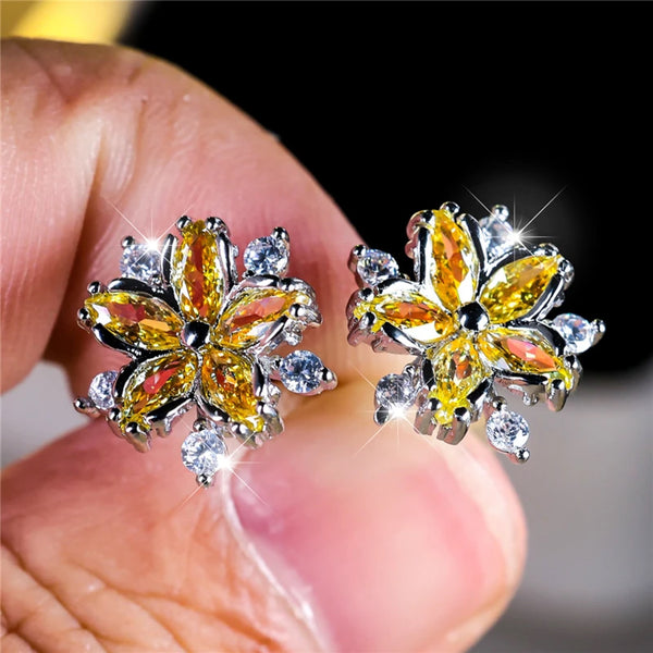 Silver-Tone Yellow Crystal Cherry Blossom Flower Stud Earrings