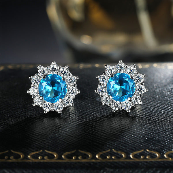 Silver-Tone Aqua Round Crystal Sunflower Stud Earrings