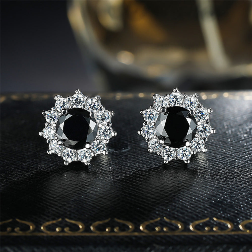 Silver-Tone Round Black Crystal Sunflower Halo Stud Earrings