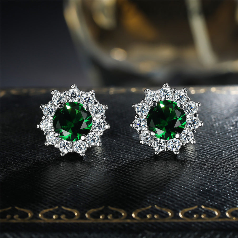 Silver-Tone Green Round Crystal Sunburst Halo Stud Earrings