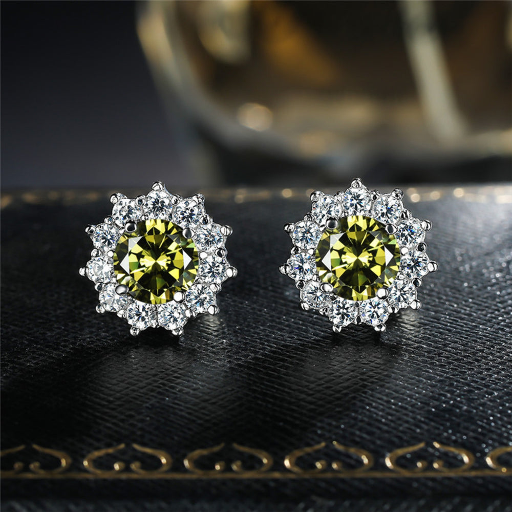 Silver-Tone Olive Green Round Crystal Sunburst Stud Earrings