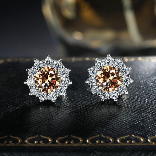 Silver-Tone Champagne Round Crystal Sunburst Halo Stud Earrings