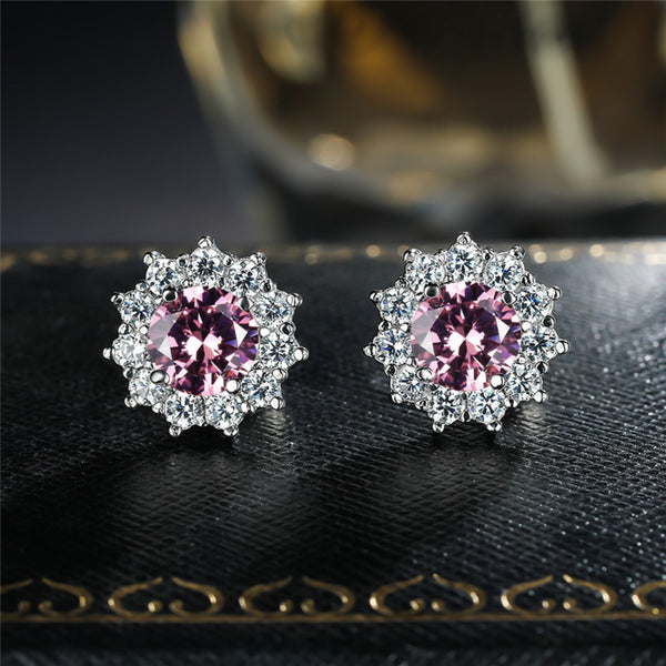 Silver-Tone Pink Crystal Sunflower Halo Stud Earrings