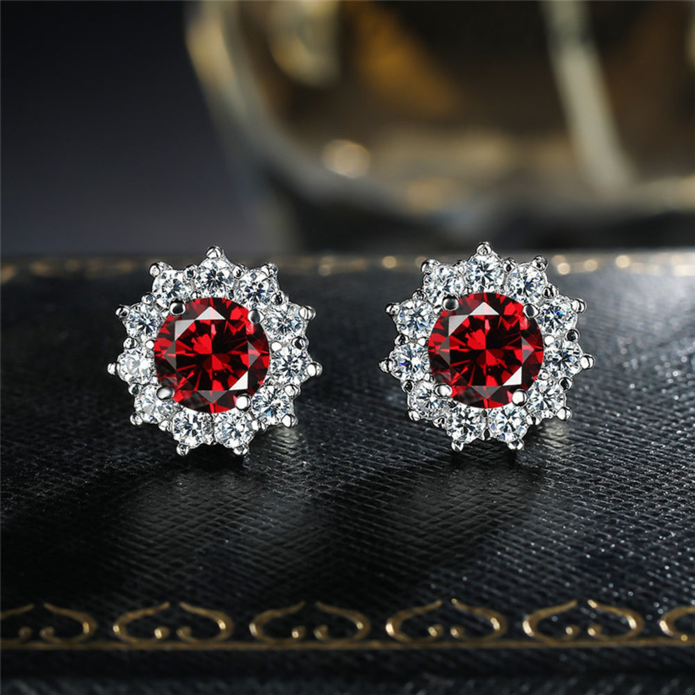 Silver-Tone Red Round Crystal Sunburst Halo Stud Earrings