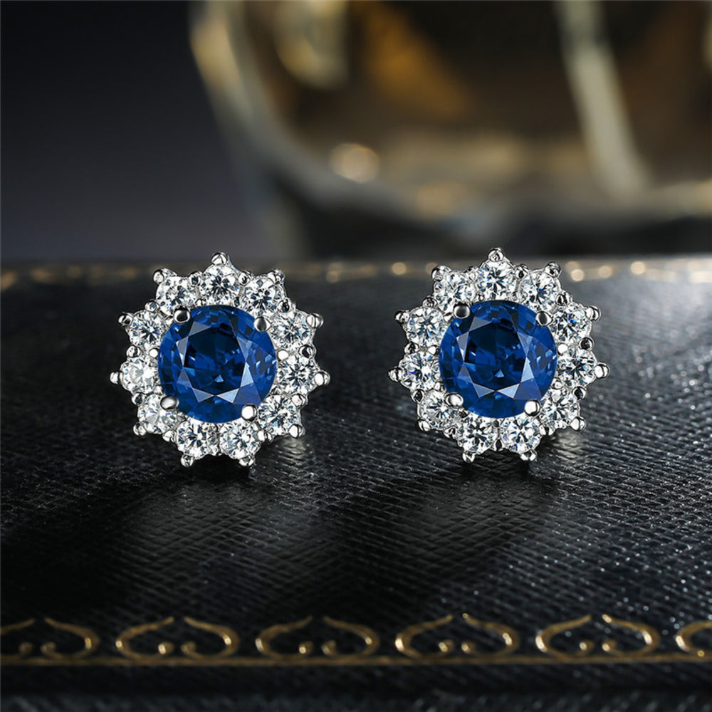 Silver-Tone Royal Blue Crystal Sunflower Halo Stud Earrings